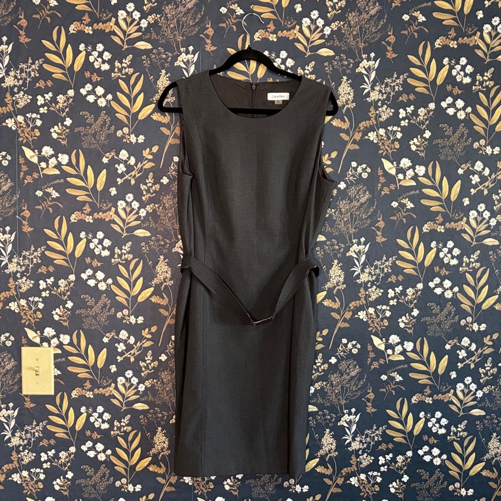 Calvin Klein Dark Grey Sleeveless Midi Sheath Dress with Belt Size 14
